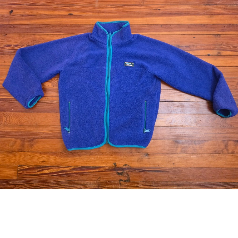 VTG LL Bean Women Purple Full Zip Fleece Jacket Teal Trim Mock Neck Size Medium